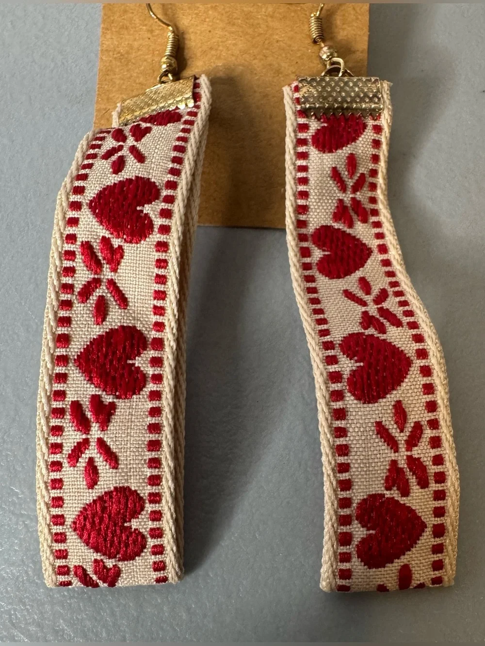 Cream and Red Heart Ribbon Drop Earrings - Women Jewelry